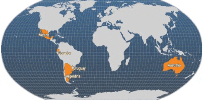 Map of the world with crayfish producing countries highlighted in orange
