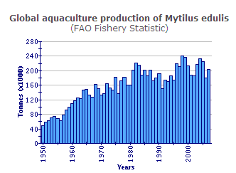Bar graph showing the annual production of blue mussels per thousand tonnes
